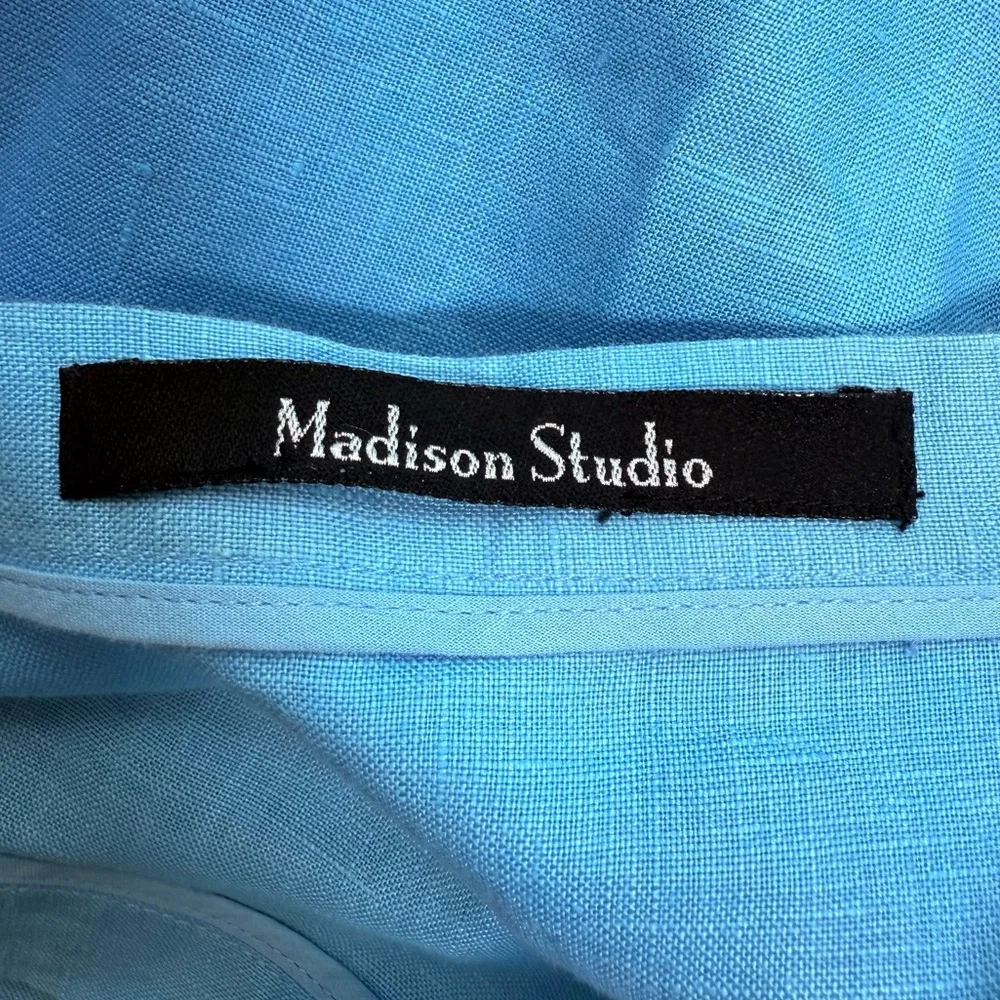 Madison Studio Women’s 100% Linen Teal Turquoise Blue Skirt Embroidered Floral